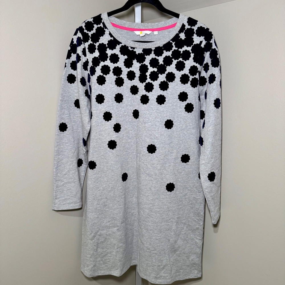 Boden Heather Grey Long Sleeve Sweatshirt Dress Navy Floral Appliqué Size 12